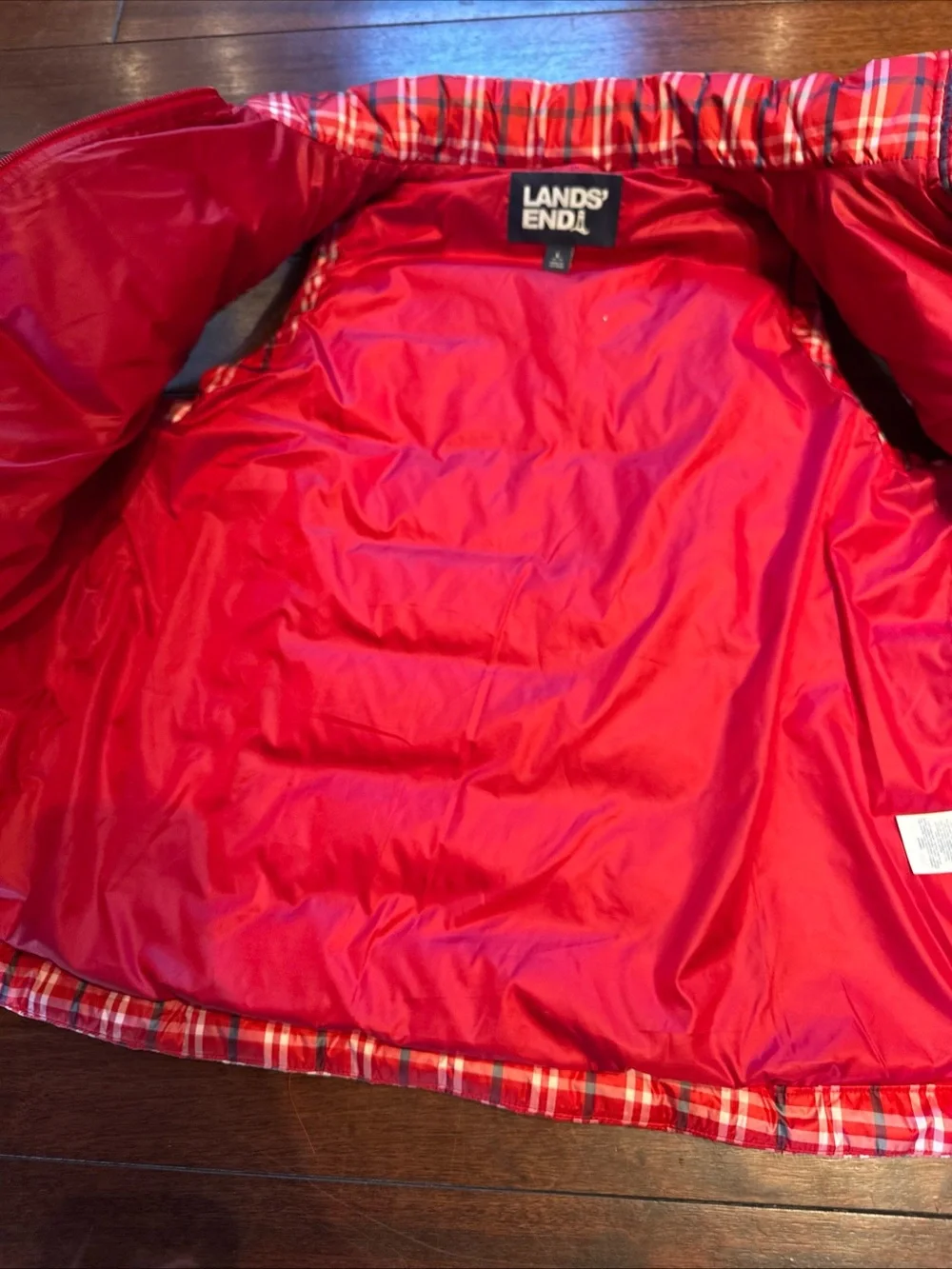 LANDS' END Women's L Down Puffer Vest Red Blue White Plaid Pockets